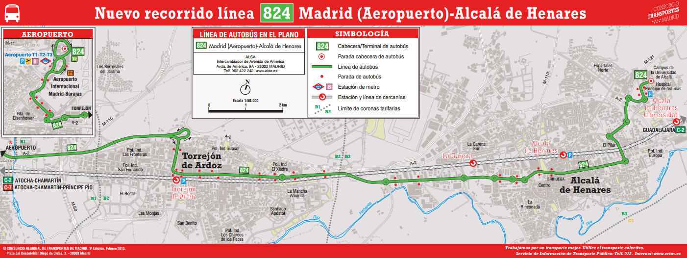 Recorrido Línea de autobús 824 Alcalá-Aeropuerto Madrid-Barajas