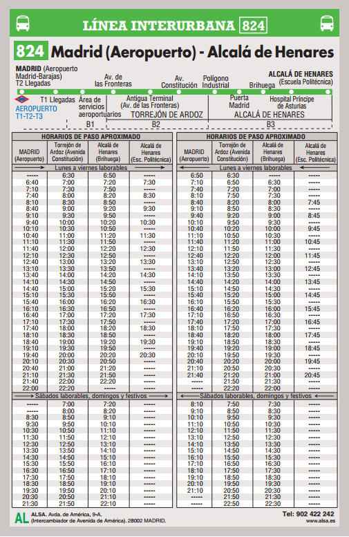 Horarios Autobuses Línea 824, Alcalá de Henares->Aeropuerto Madrid-Barajas