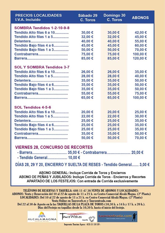 Precios corridas de toros 2015