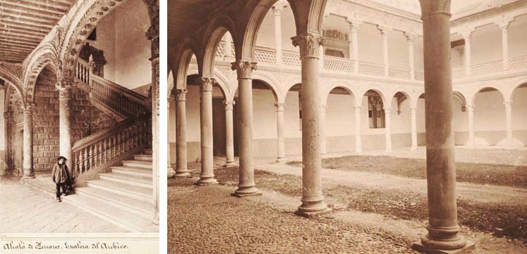 Patio de Fonseca: izquierda, vista de la escalera de Covarrubias desde el interior de la galería meridional. Foto de Cánovas (1902). Derecha, vista general tomada desde el ángulo suroeste (192?).