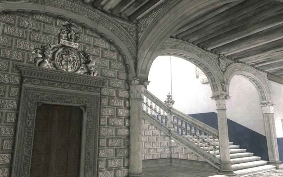 Recreación de la Escalera de Covarrubias desde el claustro bajo