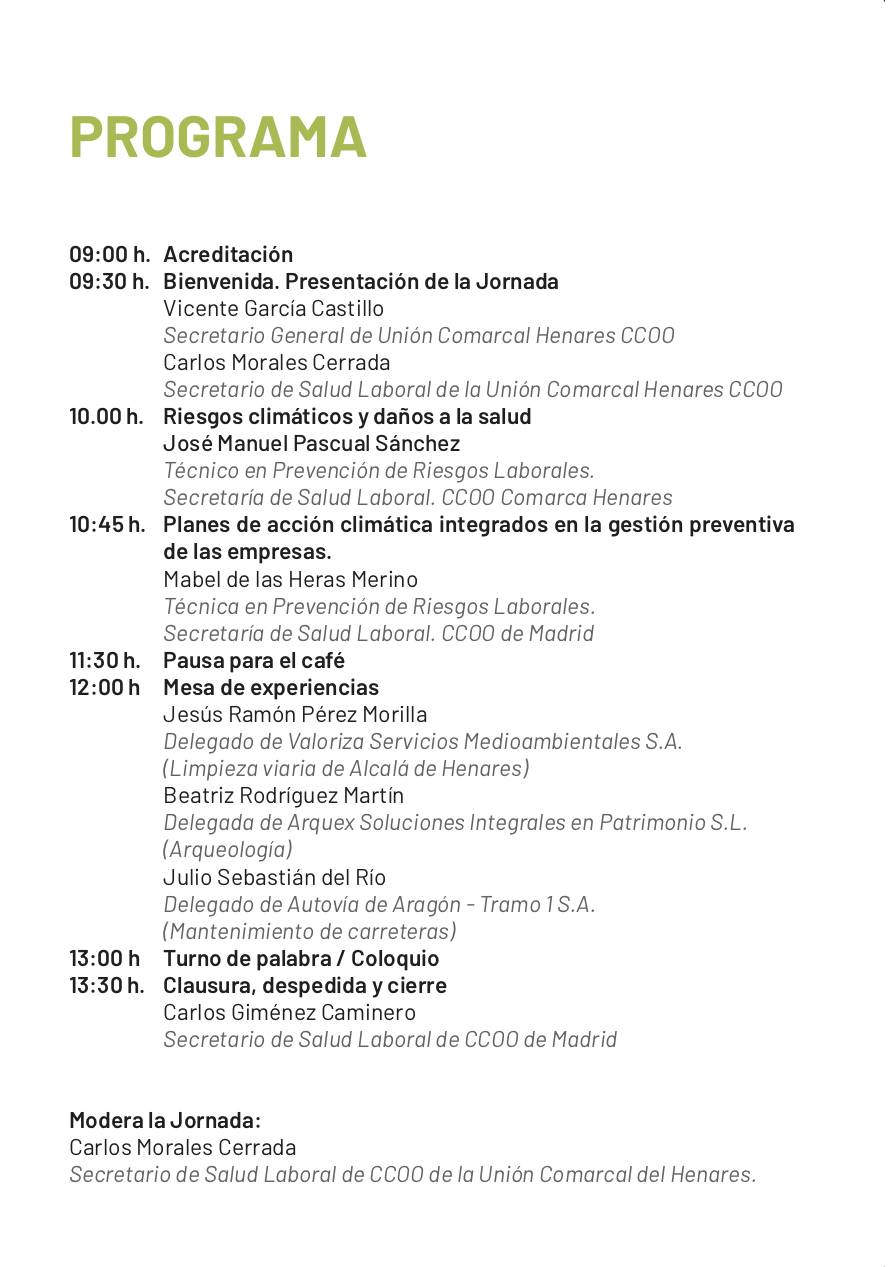 CCOO Henares organiza una jornada sobre planes preventivos de acción climática en el trabajo